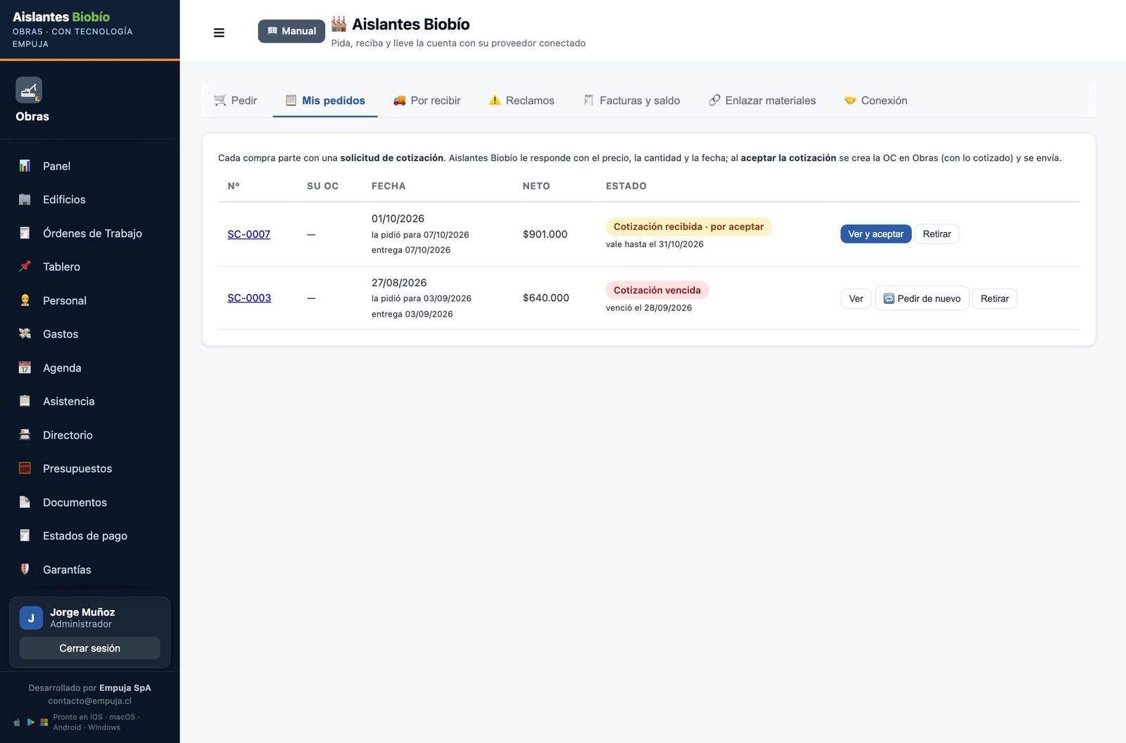 Mis pedidos en Obras