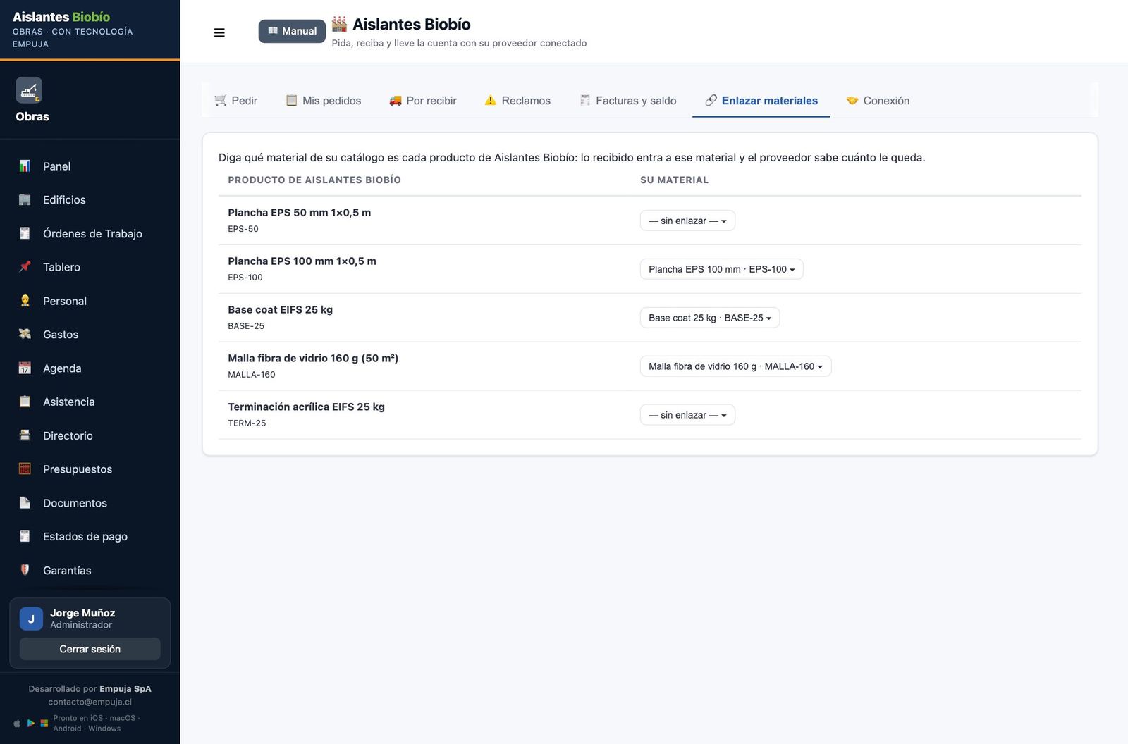 Enlazar materiales en Obras