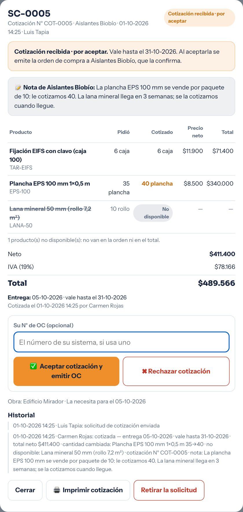 Cotización recibida en el portal
