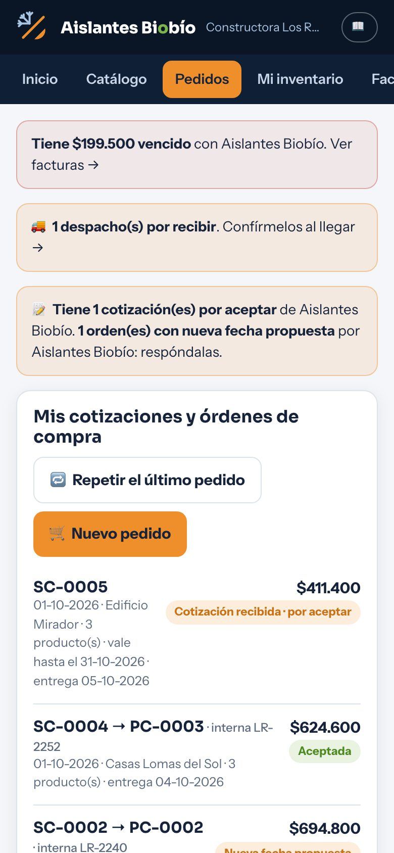 Pedidos del cliente en el celular